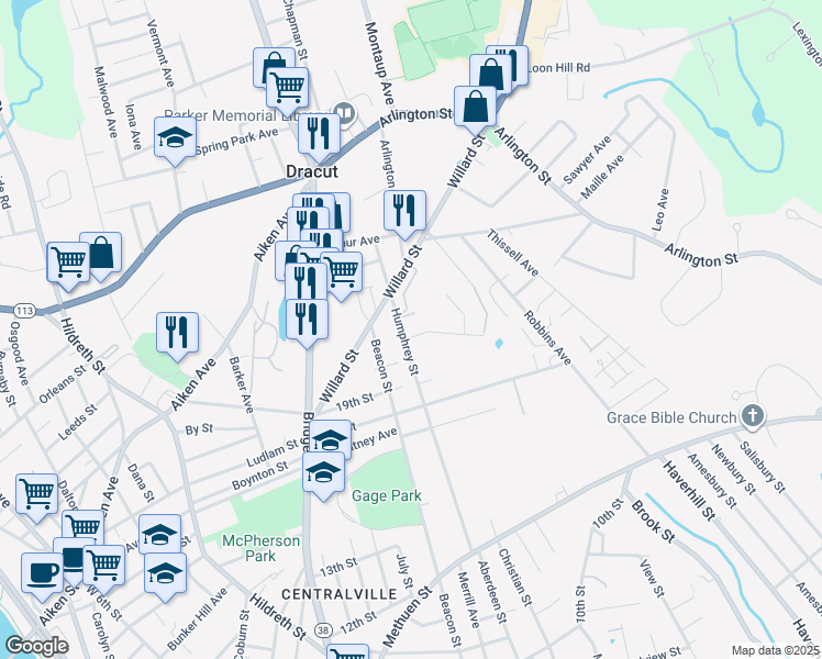 map of restaurants, bars, coffee shops, grocery stores, and more near 241 Humphrey Street in Lowell