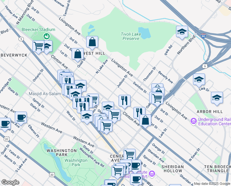 map of restaurants, bars, coffee shops, grocery stores, and more near 19 Judson Street in Albany