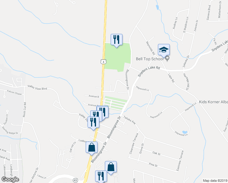 map of restaurants, bars, coffee shops, grocery stores, and more near 17 Sitzmark Lane in Rensselaer