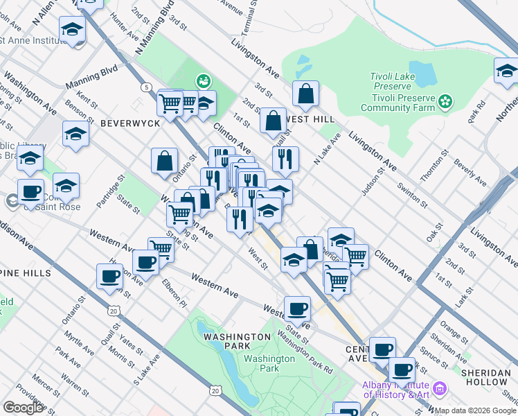map of restaurants, bars, coffee shops, grocery stores, and more near 289 Central Avenue in Albany