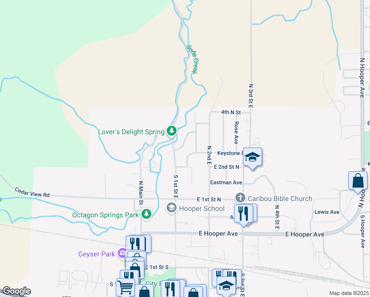map of restaurants, bars, coffee shops, grocery stores, and more near 140 Soda Creek Drive in Soda Springs
