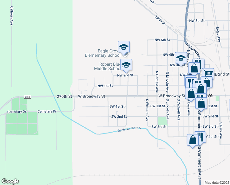 map of restaurants, bars, coffee shops, grocery stores, and more near 1107 West Broadway Street in Eagle Grove