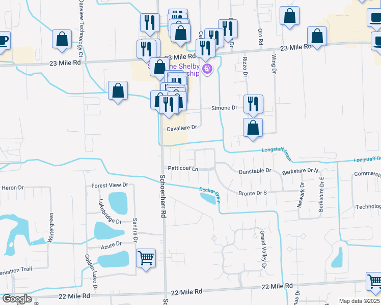 map of restaurants, bars, coffee shops, grocery stores, and more near 13784 Hyde Court in Macomb County