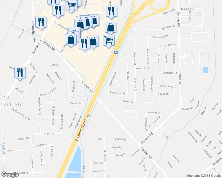 map of restaurants, bars, coffee shops, grocery stores, and more near 28511 Lancaster Drive in New Baltimore