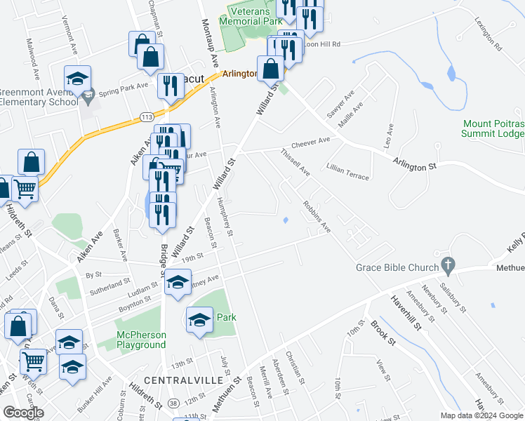 map of restaurants, bars, coffee shops, grocery stores, and more near 98 Pemberton Street in Lowell