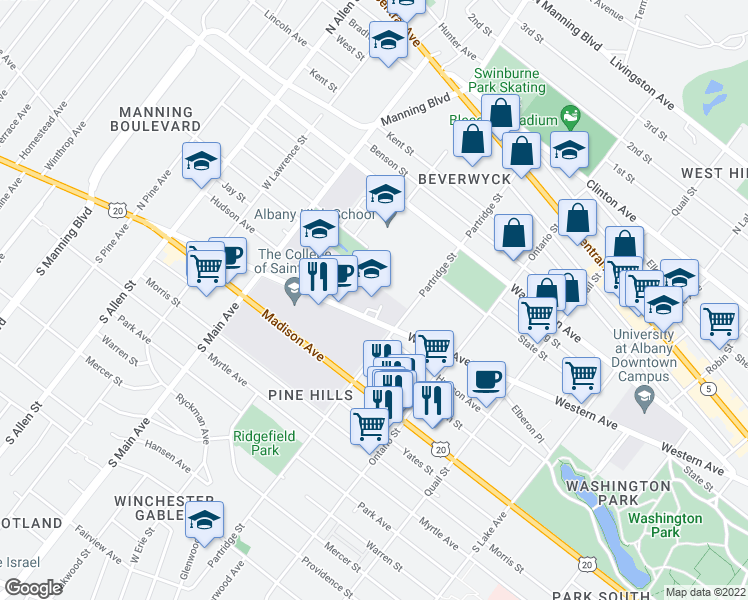 map of restaurants, bars, coffee shops, grocery stores, and more near 391 Western Avenue in Albany