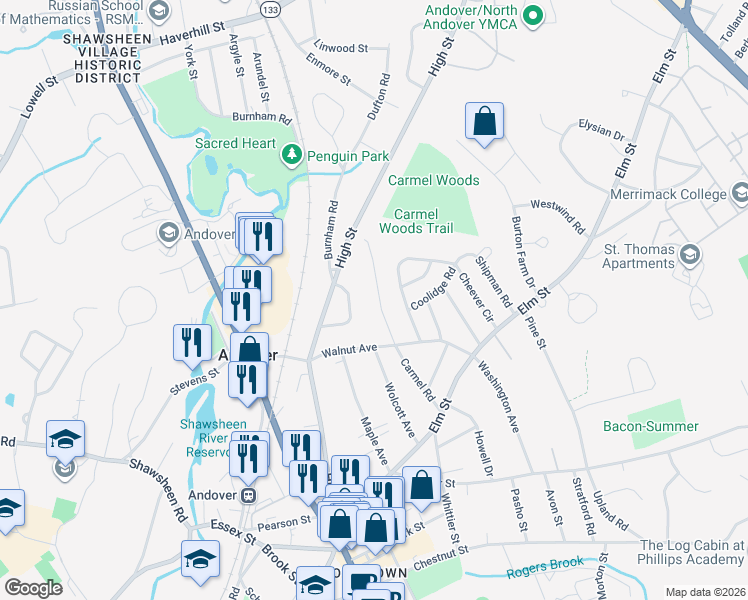 map of restaurants, bars, coffee shops, grocery stores, and more near 63 Carmel Road in Andover