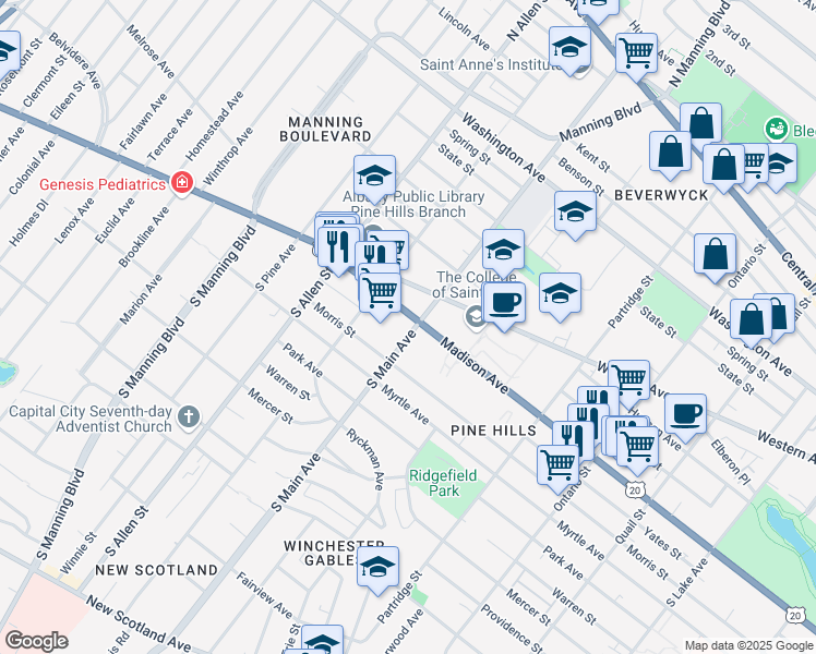 map of restaurants, bars, coffee shops, grocery stores, and more near in Albany
