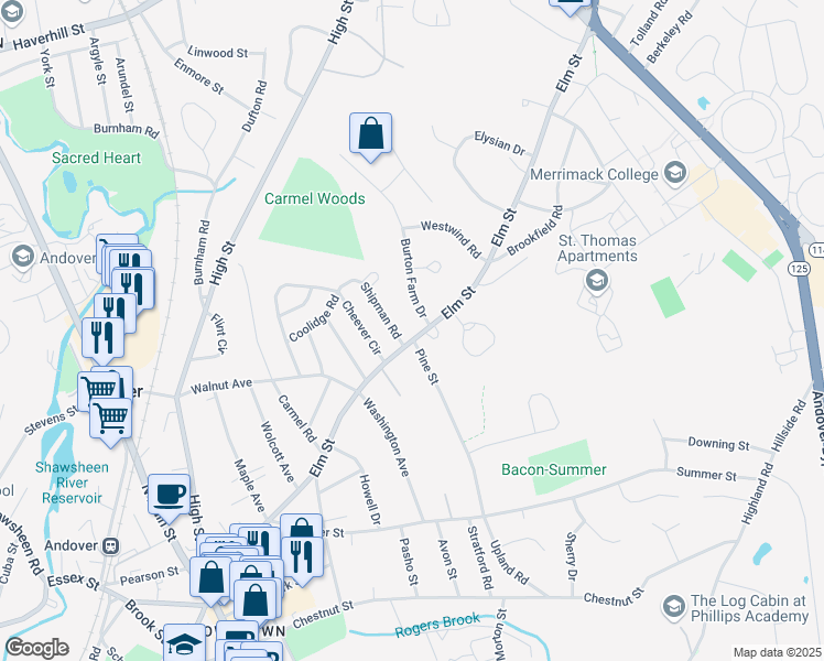 map of restaurants, bars, coffee shops, grocery stores, and more near 130 Elm Street in Andover