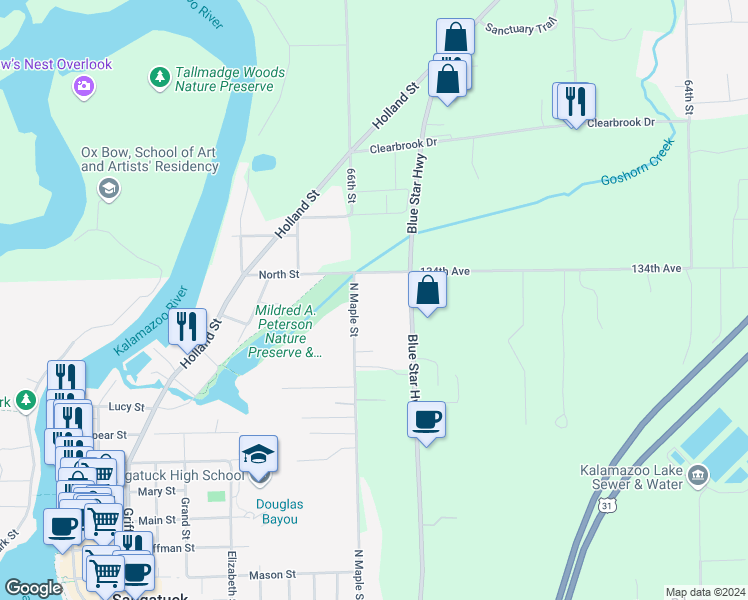 map of restaurants, bars, coffee shops, grocery stores, and more near 1039 North Maple Street in Saugatuck