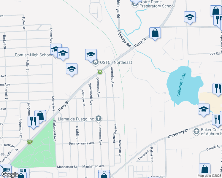 map of restaurants, bars, coffee shops, grocery stores, and more near 953 Kettering Avenue in Pontiac