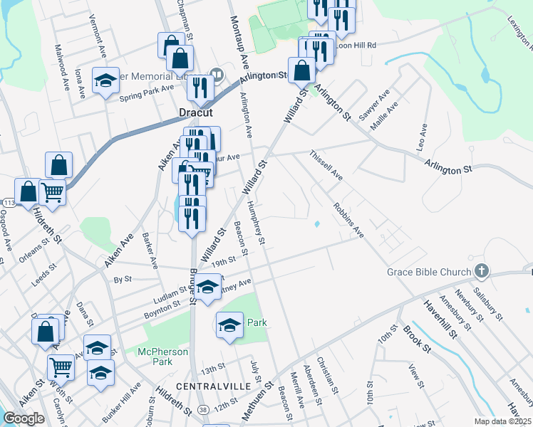map of restaurants, bars, coffee shops, grocery stores, and more near 241 Humphrey Street in Lowell