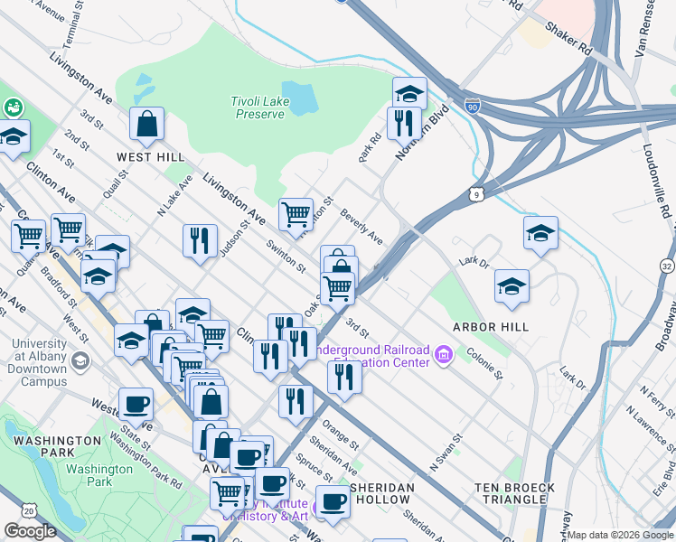 map of restaurants, bars, coffee shops, grocery stores, and more near 325 Livingston Avenue in Albany