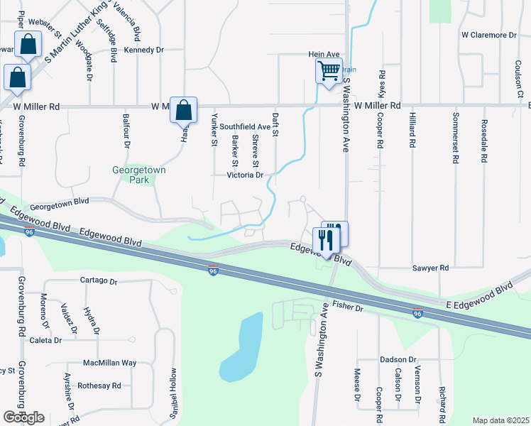 map of restaurants, bars, coffee shops, grocery stores, and more near 1016 West Edgewood Boulevard in Lansing