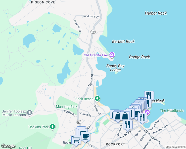 map of restaurants, bars, coffee shops, grocery stores, and more near 7 Rowe Point in Rockport