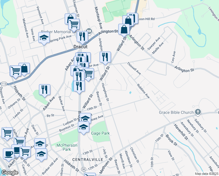 map of restaurants, bars, coffee shops, grocery stores, and more near 241 Humphrey Street in Lowell