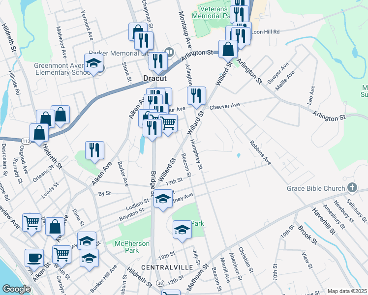 map of restaurants, bars, coffee shops, grocery stores, and more near in Lowell