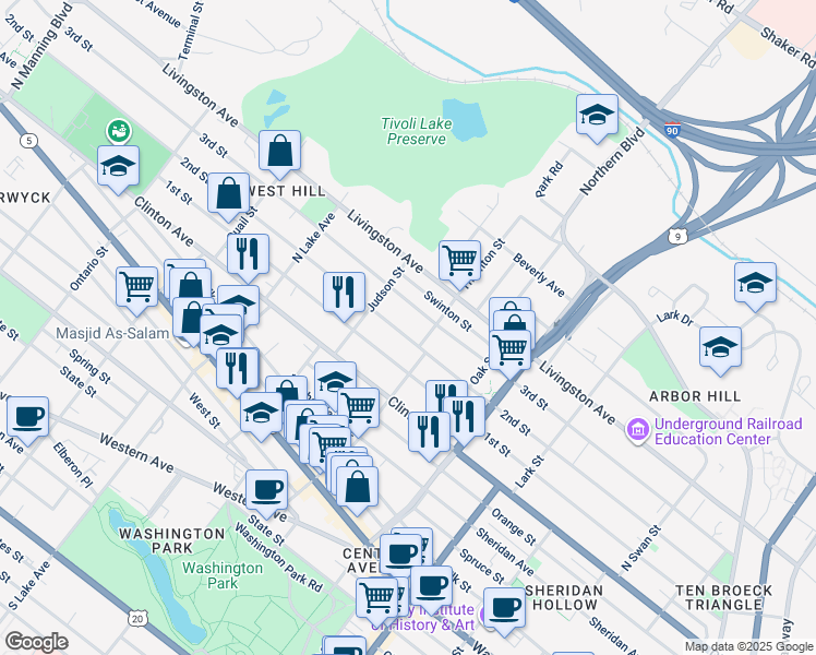 map of restaurants, bars, coffee shops, grocery stores, and more near 305 2nd Street in Albany