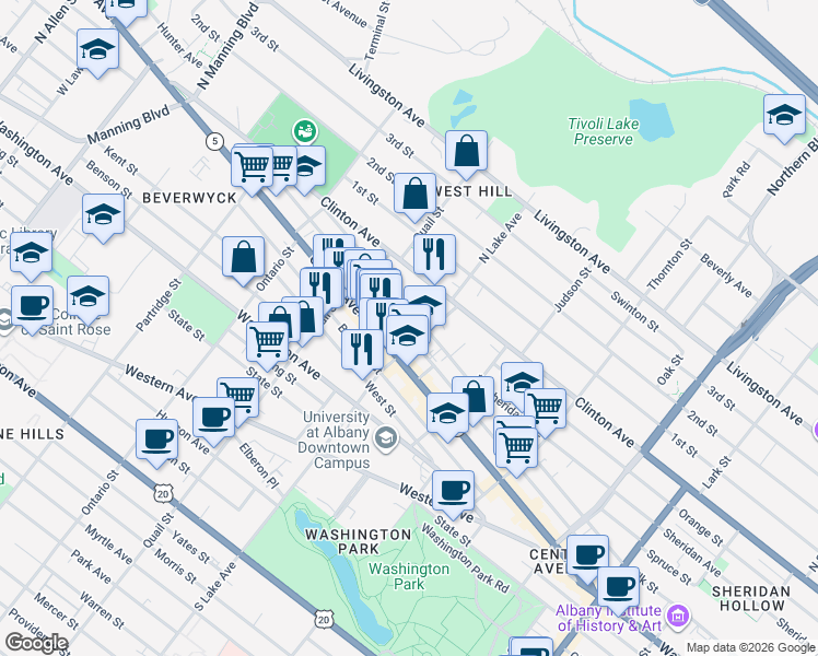 map of restaurants, bars, coffee shops, grocery stores, and more near 289 Central Avenue in Albany