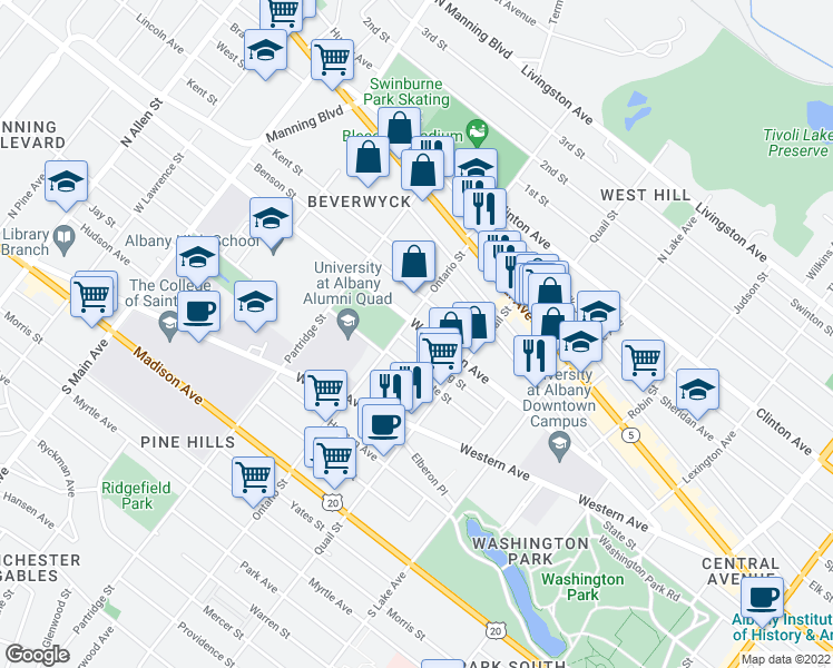 map of restaurants, bars, coffee shops, grocery stores, and more near 182 Ontario Street in Albany