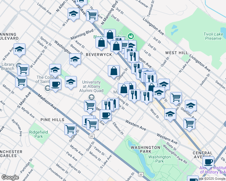 map of restaurants, bars, coffee shops, grocery stores, and more near 182 Ontario Street in Albany