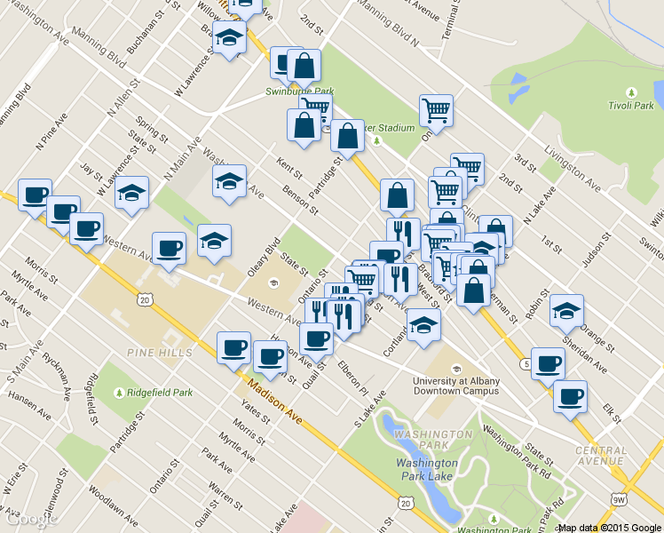 map of restaurants, bars, coffee shops, grocery stores, and more near 182 Ontario Street in Albany