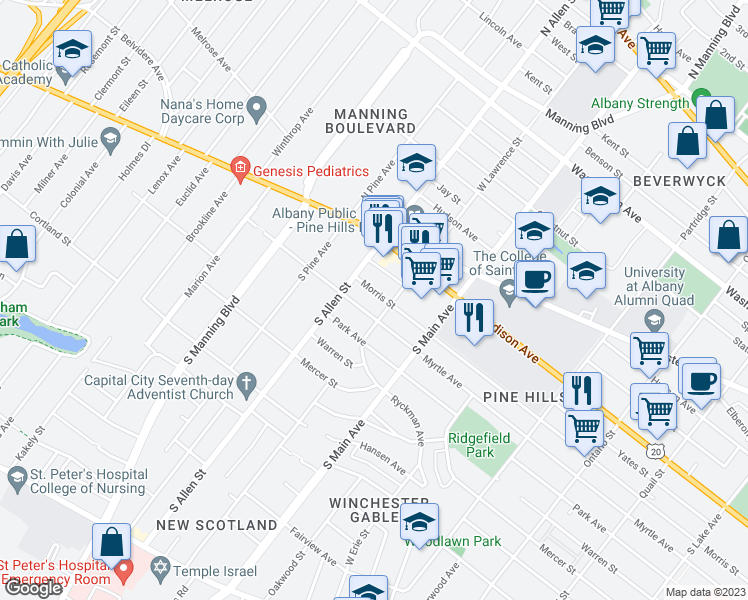 map of restaurants, bars, coffee shops, grocery stores, and more near 726 Morris Street in Albany