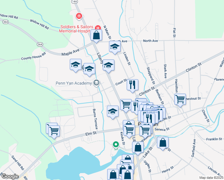 map of restaurants, bars, coffee shops, grocery stores, and more near 208 Court Street in Penn Yan