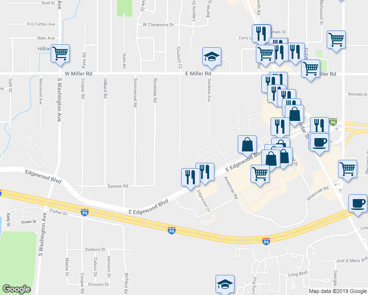 map of restaurants, bars, coffee shops, grocery stores, and more near 6409 Coulson Court in Lansing