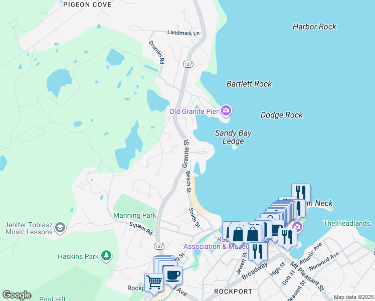 map of restaurants, bars, coffee shops, grocery stores, and more near 7 Rowe Point in Rockport