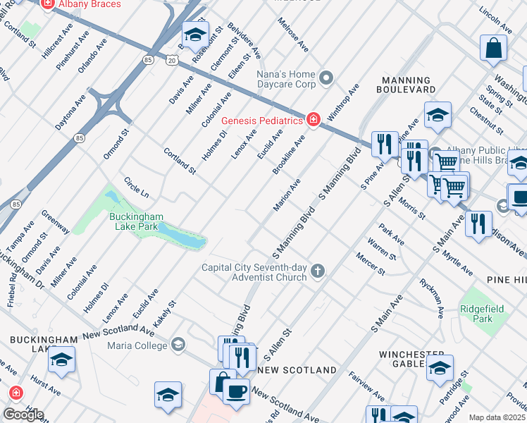 map of restaurants, bars, coffee shops, grocery stores, and more near 48 Marion Ave in Albany
