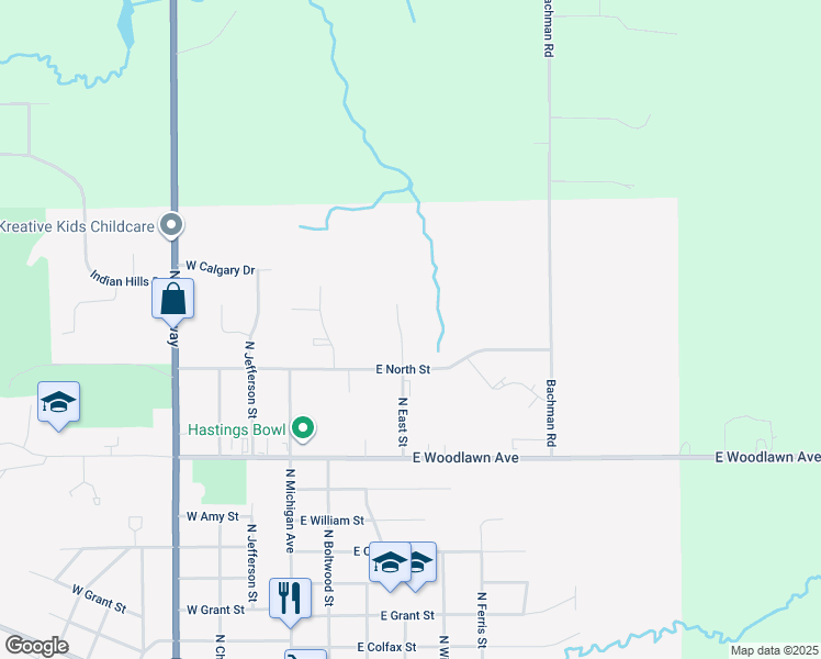 map of restaurants, bars, coffee shops, grocery stores, and more near 1821 North East Street in Hastings
