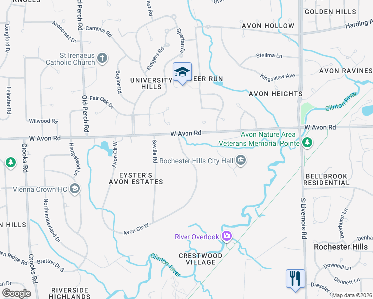 map of restaurants, bars, coffee shops, grocery stores, and more near 1063 East Avon Circle in Rochester Hills