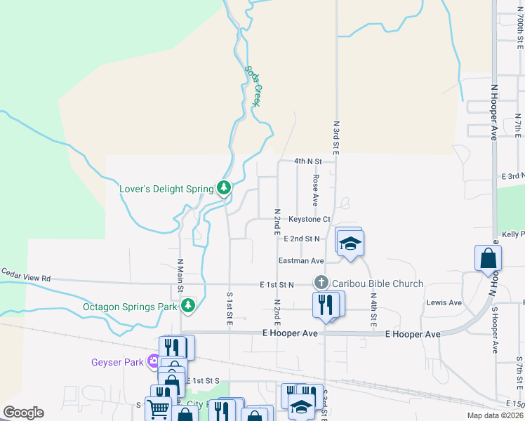 map of restaurants, bars, coffee shops, grocery stores, and more near 310 Monsanto Boulevard in Soda Springs