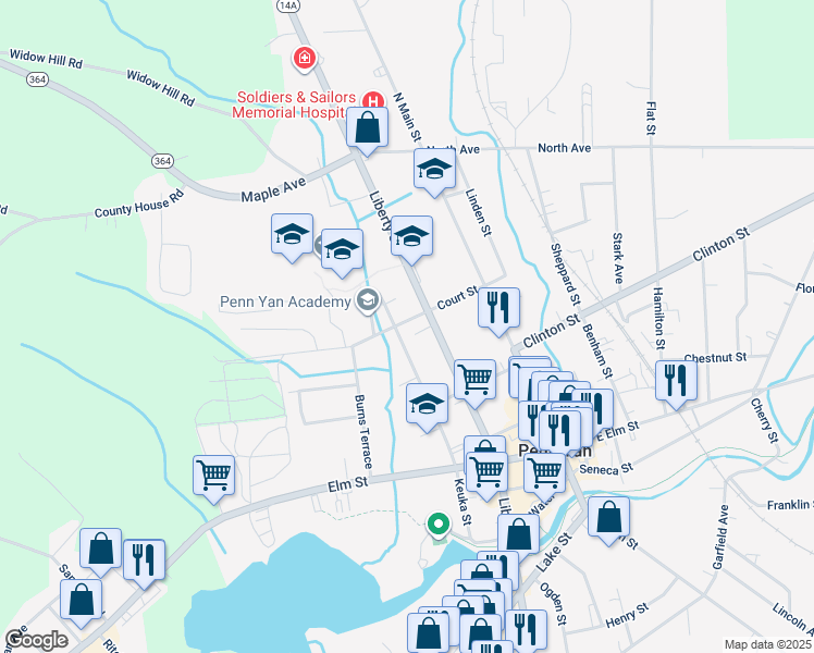 map of restaurants, bars, coffee shops, grocery stores, and more near 208 Court Street in Penn Yan