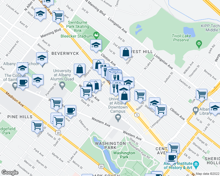map of restaurants, bars, coffee shops, grocery stores, and more near 300 Central Avenue in Albany