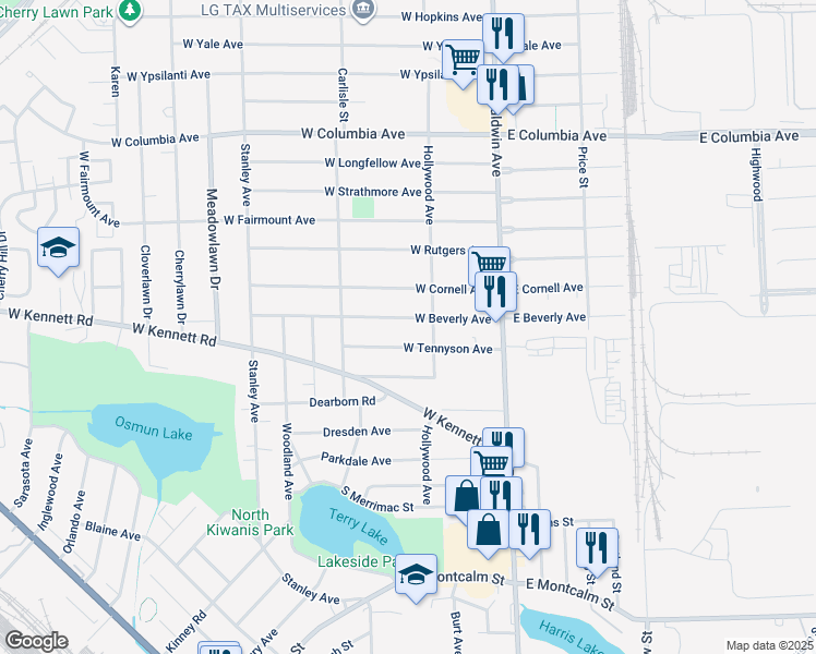 map of restaurants, bars, coffee shops, grocery stores, and more near 103 West Beverly Avenue in Pontiac