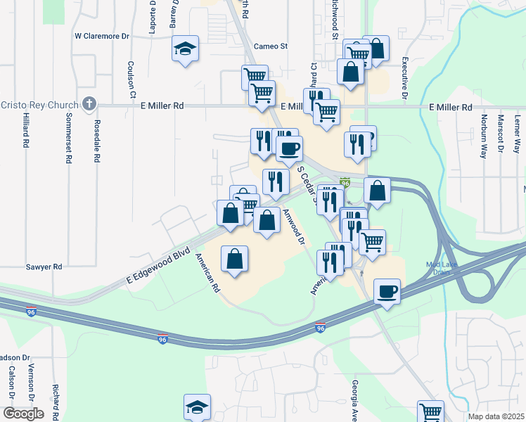 map of restaurants, bars, coffee shops, grocery stores, and more near 524 East Edgewood Boulevard in Lansing