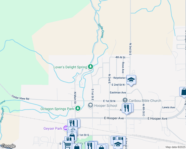 map of restaurants, bars, coffee shops, grocery stores, and more near 140 Soda Creek Drive in Soda Springs