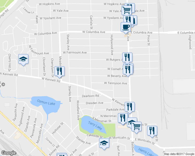 map of restaurants, bars, coffee shops, grocery stores, and more near 145 West Beverly Avenue in Pontiac
