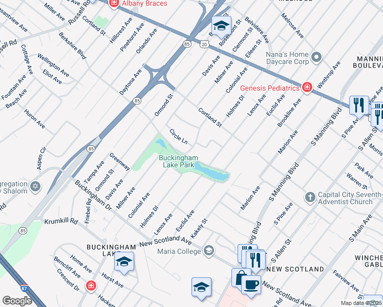 map of restaurants, bars, coffee shops, grocery stores, and more near 39 Berkshire Boulevard in Albany