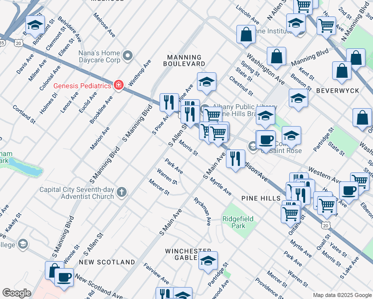 map of restaurants, bars, coffee shops, grocery stores, and more near 726 Morris Street in Albany