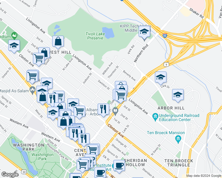 map of restaurants, bars, coffee shops, grocery stores, and more near 28 Swinton Street in Albany