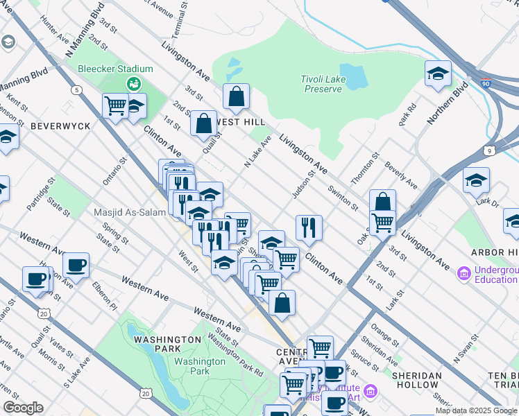 map of restaurants, bars, coffee shops, grocery stores, and more near 505 Clinton Avenue in Albany