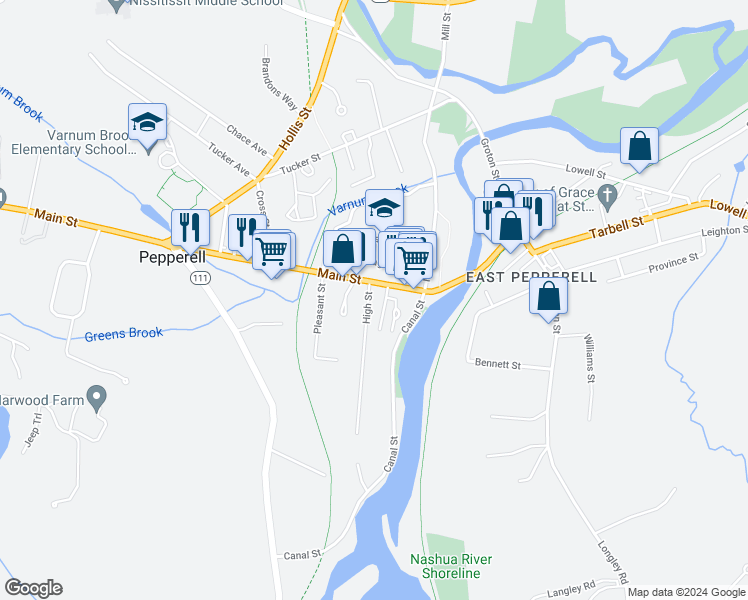 map of restaurants, bars, coffee shops, grocery stores, and more near 48 High Street in Pepperell