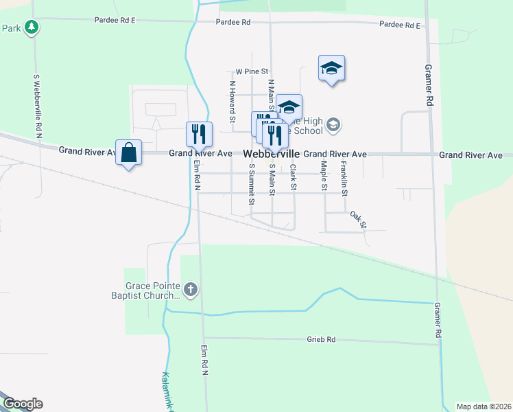 map of restaurants, bars, coffee shops, grocery stores, and more near 319 South Summit Street in Webberville