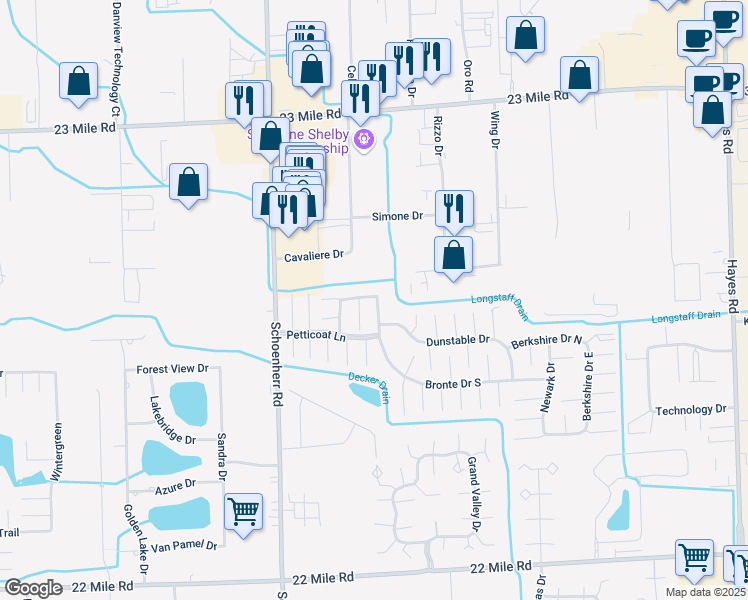 map of restaurants, bars, coffee shops, grocery stores, and more near 50175 Bronte Drive South in Macomb County