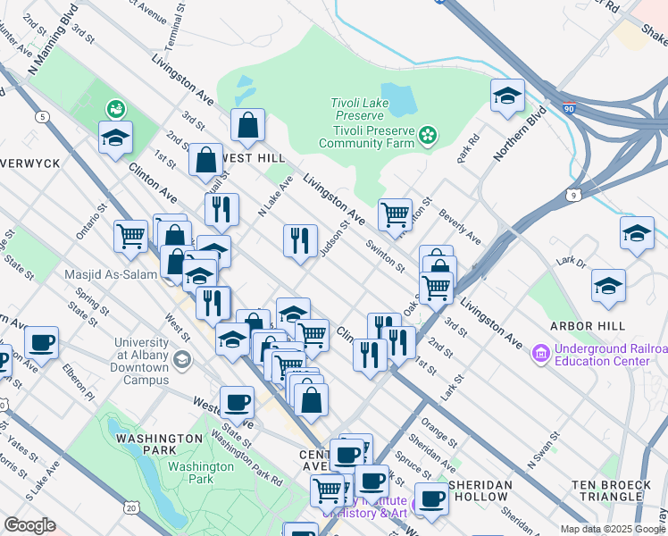 map of restaurants, bars, coffee shops, grocery stores, and more near 305 2nd Street in Albany