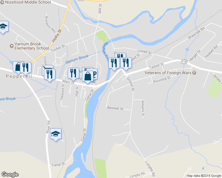 map of restaurants, bars, coffee shops, grocery stores, and more near 19-21 Prospect Street in Pepperell