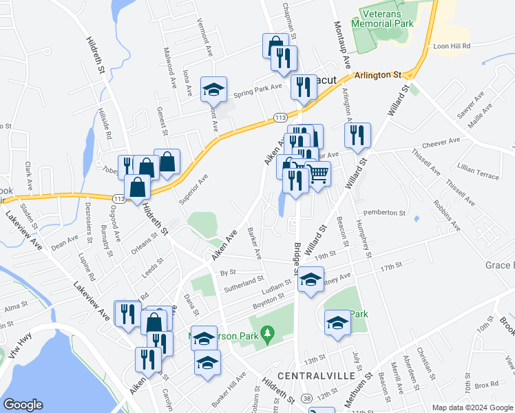 map of restaurants, bars, coffee shops, grocery stores, and more near 343 Aiken Avenue in Lowell